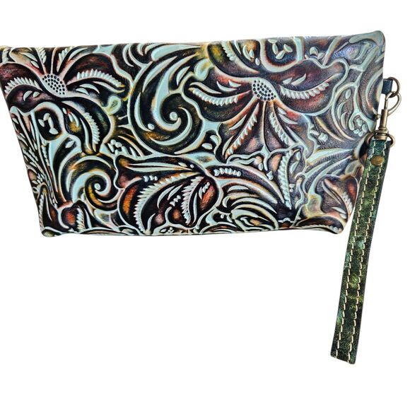 Patricia Nash Valerie Tooled Leather Fold-Over Wristlet Clutch Purse Green - Picture 2 of 8